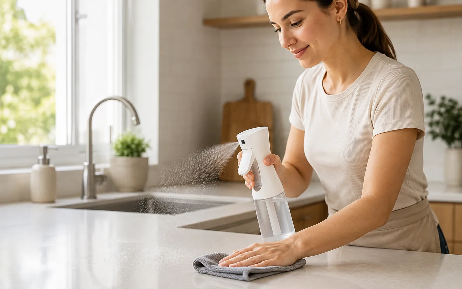Continuous spray bottle packaging for household cleaning and surface care