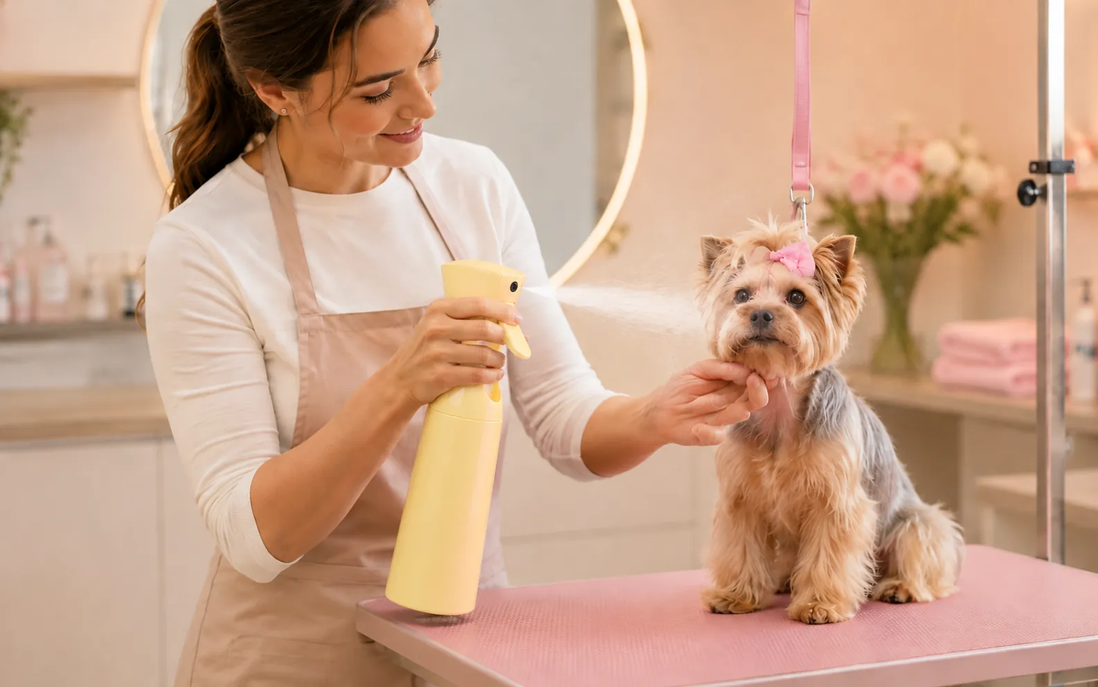 Continuous spray bottle packaging for pet grooming and care