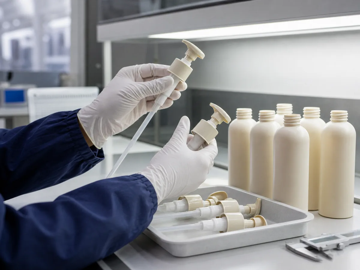 Quality inspector checking cosmetic lotion pumps and bottles for surface defects